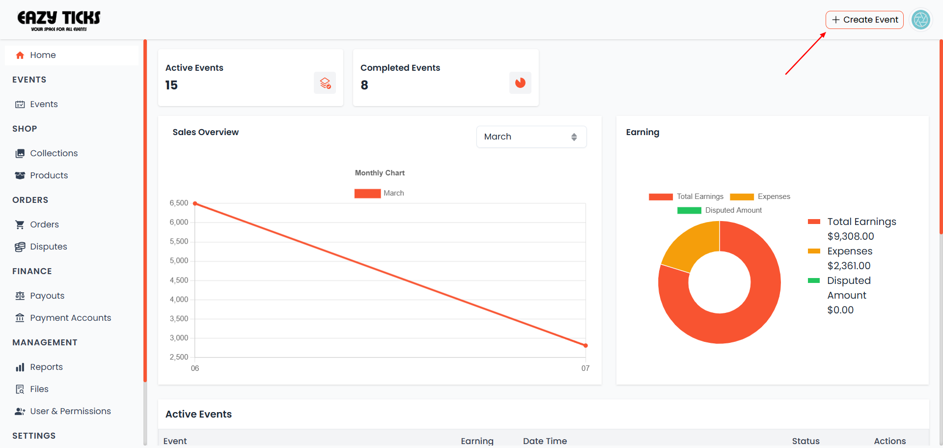 Create event CTA on dashboard